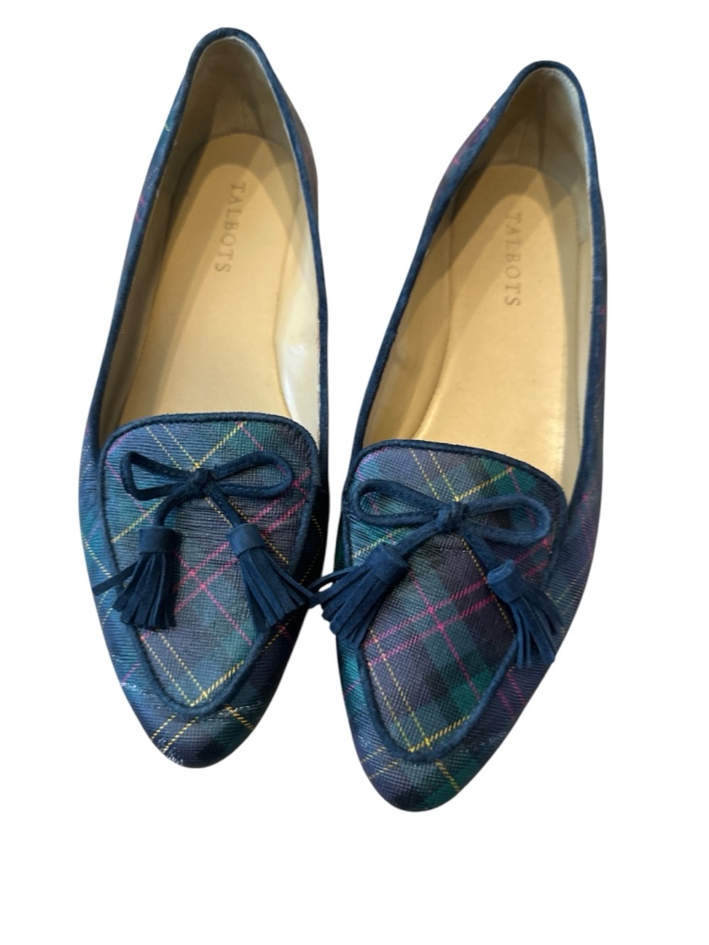 TALBOTS Francesca driving moccasin loafer blue green tartan plaid leather 8 1/2M